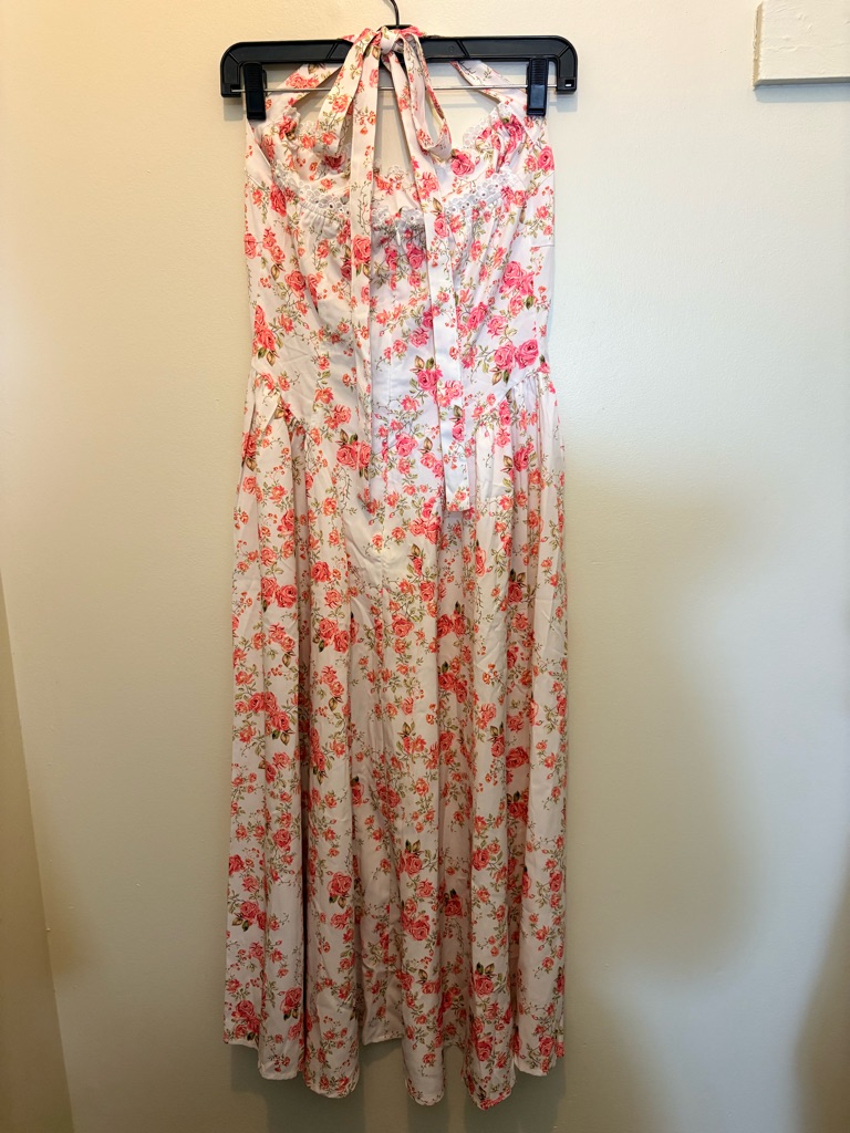 Rihoas Cream Floral Halter Maxi Dress With Pink Rose Print — image 2 of 8